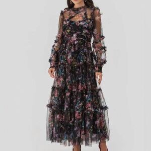Elegant Floral Organza Wedding Midi Dress Size XL Black Red Ruffle Layered Lined